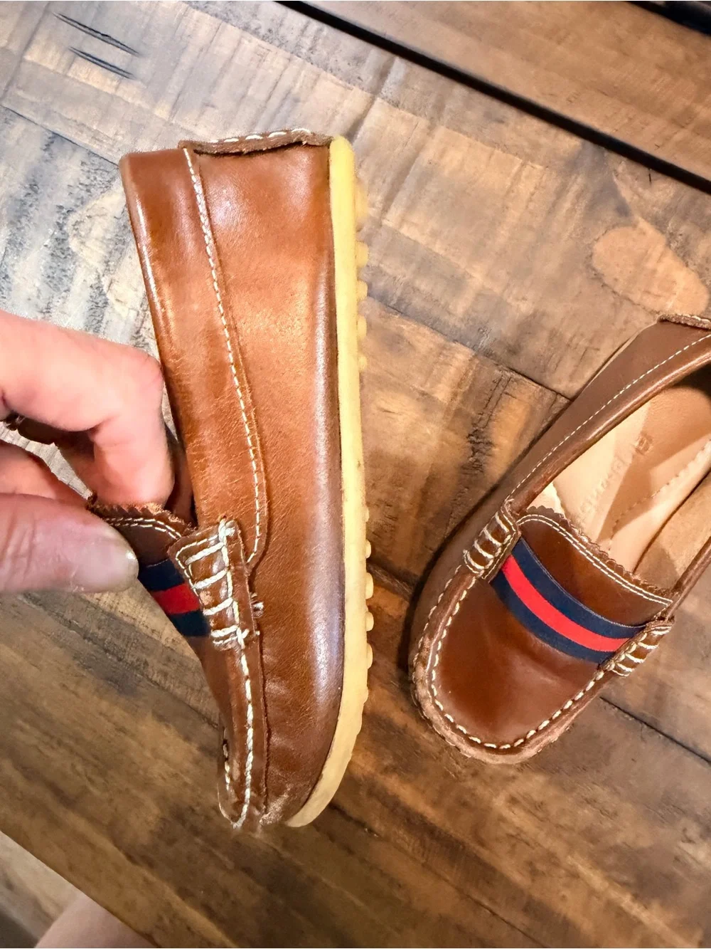 Elephantito Brown Leather Kids Loafers with Navy & Red Stripe
